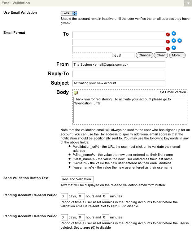 The Email Validation fields on the Details screen