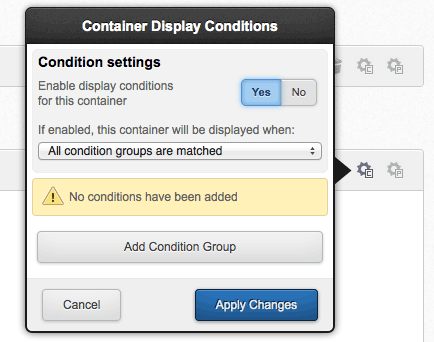 The Container Display Conditions pop-up