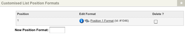 The Customised List Position Formats section of the Details screen