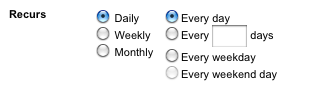 The Recurs Daily options on the Create new Recurring Calendar Event screen