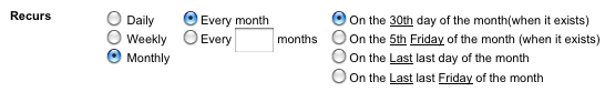 The Recurs Monthly options on the Create new Recurring Calendar Event screen