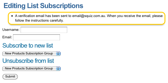 The verification email notification message on the Subscribe Page