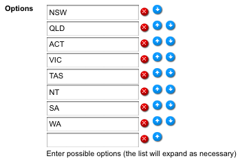 The Options field for the Option List question