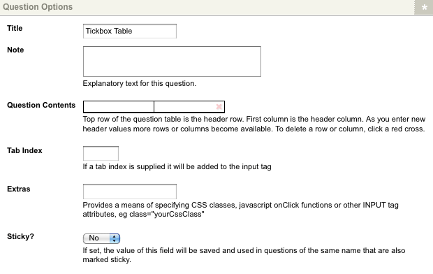 The Tickbox Table Question Options