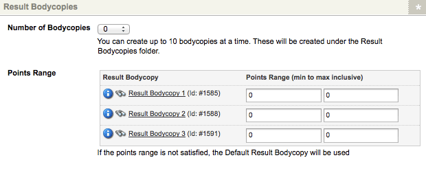 The Result Bodycopies section with listed Result Bodycopies