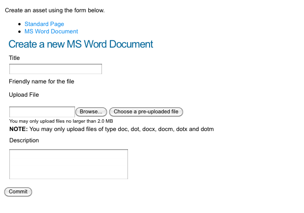 The new layout of the Create Form for an MS Word Document