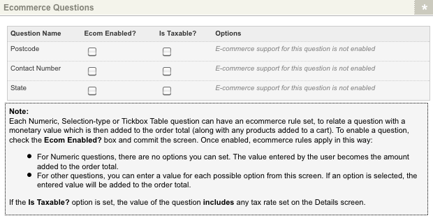 The Ecommerce Questions section of the Ecommerce Rules screen