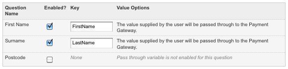 The Pass-through Variables Questions section of the Ecommerce Rules screen with Pass-through Variable keys