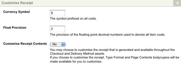 The Customise Receipt section of the Display Formatting Options screen