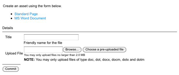 The default layout of the Create Form for an MS Word Document